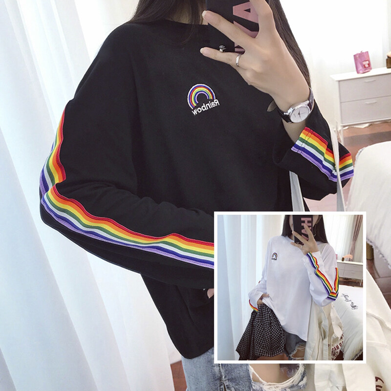Vanessawang Women Loose Rainbow Shirt Letter Embroidery Long Sleeve Blouse Casual Stripe Top