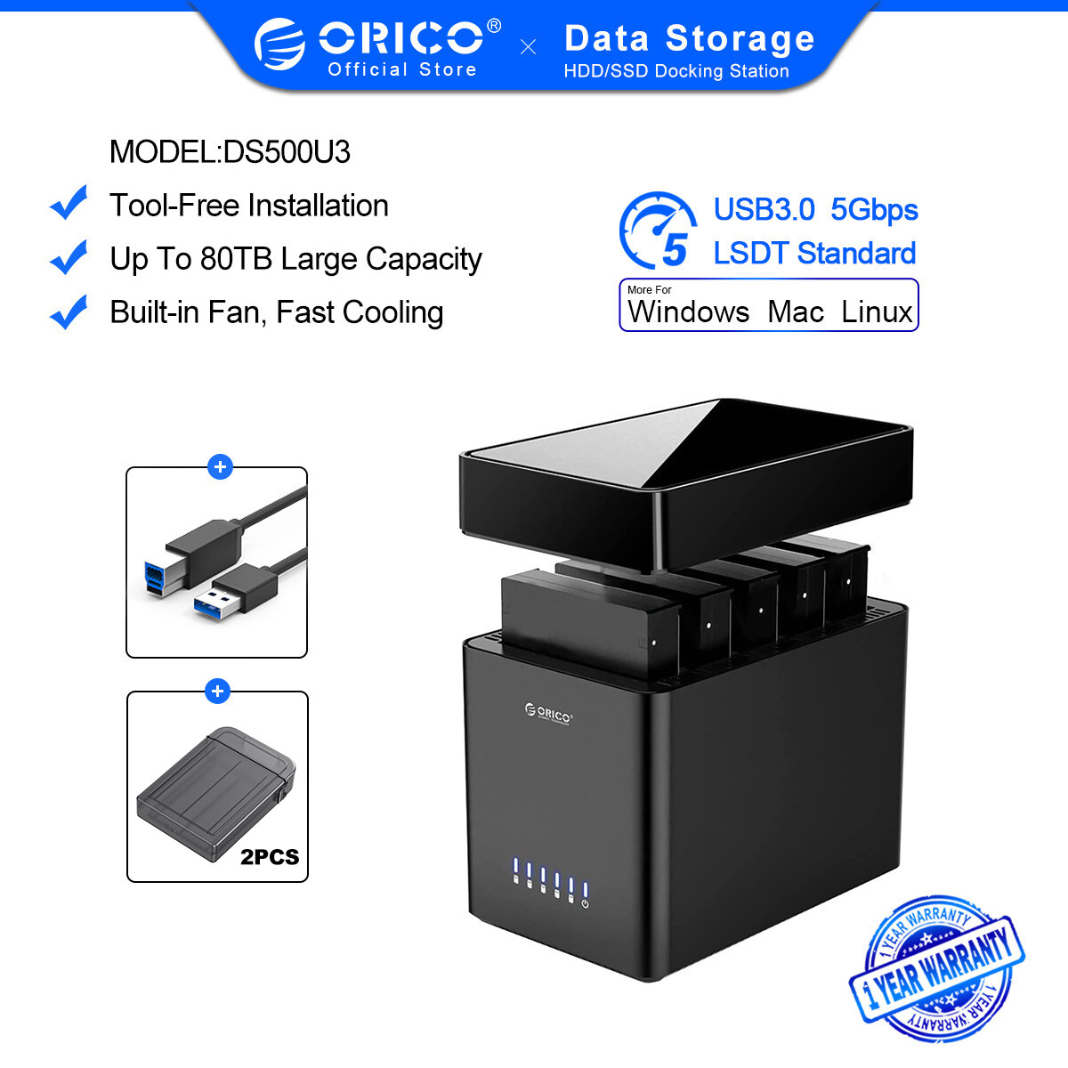 ORICO DS Series 5 Bay 3.5 inch USB Hard Drive Enclosure Magnetic-type SATA to USB3.0/Type-C HDD Case With 12V6.5A Power 80TB Capacity(DS500)