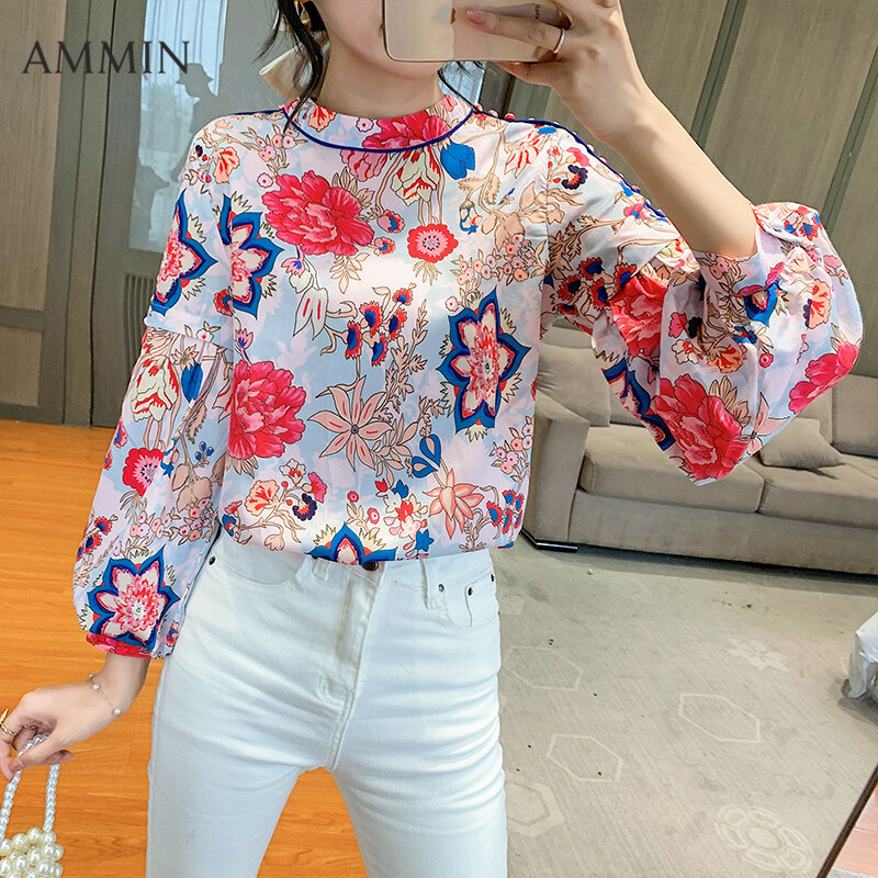 AMMIN Silk Printed Long Sleeve Shirt For Women Fashion Temperament Printed Shirt Stand Collar Lantern Sleeve Mulberry Silk Top